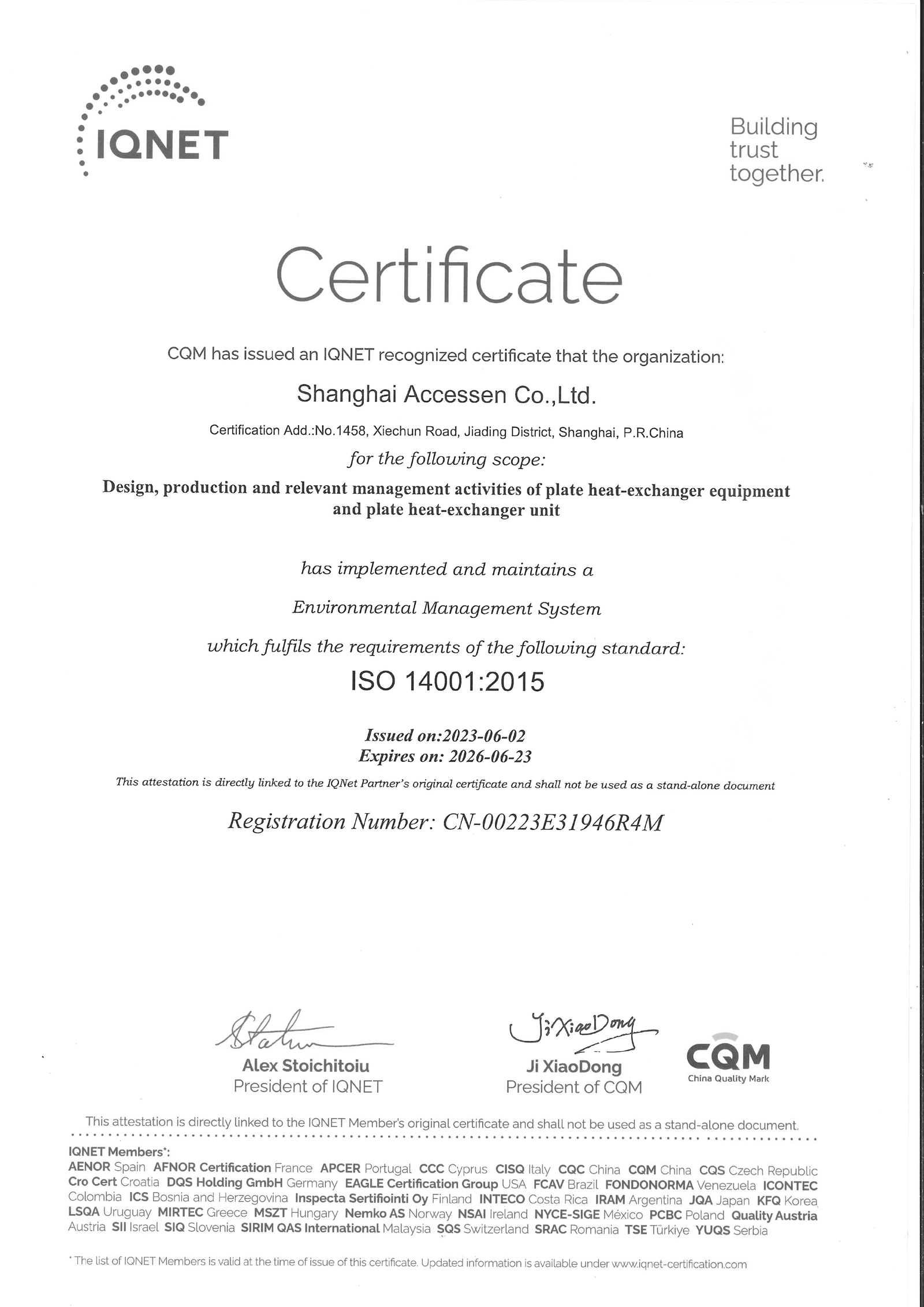 ISO 14001:2015 Environmental Management System Certificate